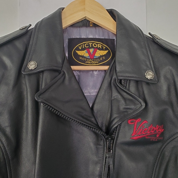 VICTORY MOTORCYCLE Women M Black Leather Moto Zips Jacket Belted Logos V… - Picture 4 of 16